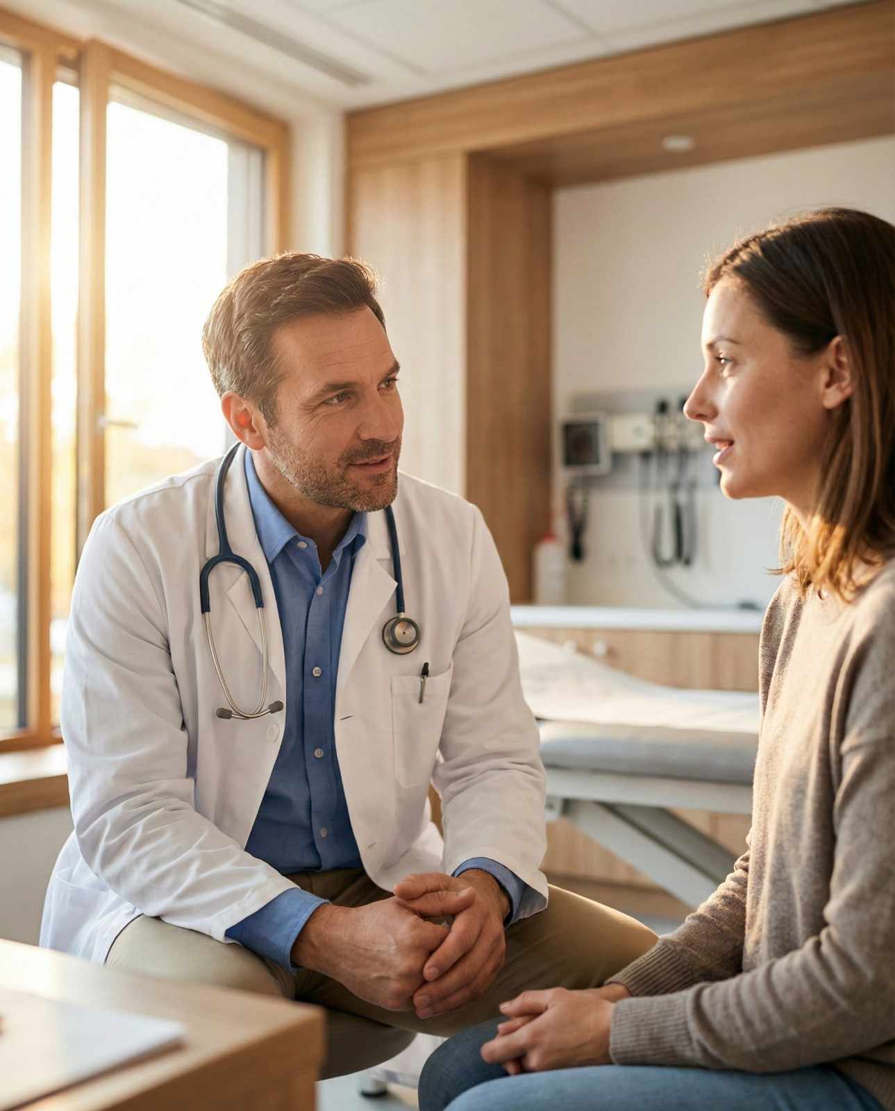 Compassionate accident doctor explaining treatment plan to patient in Pasadena clinic
