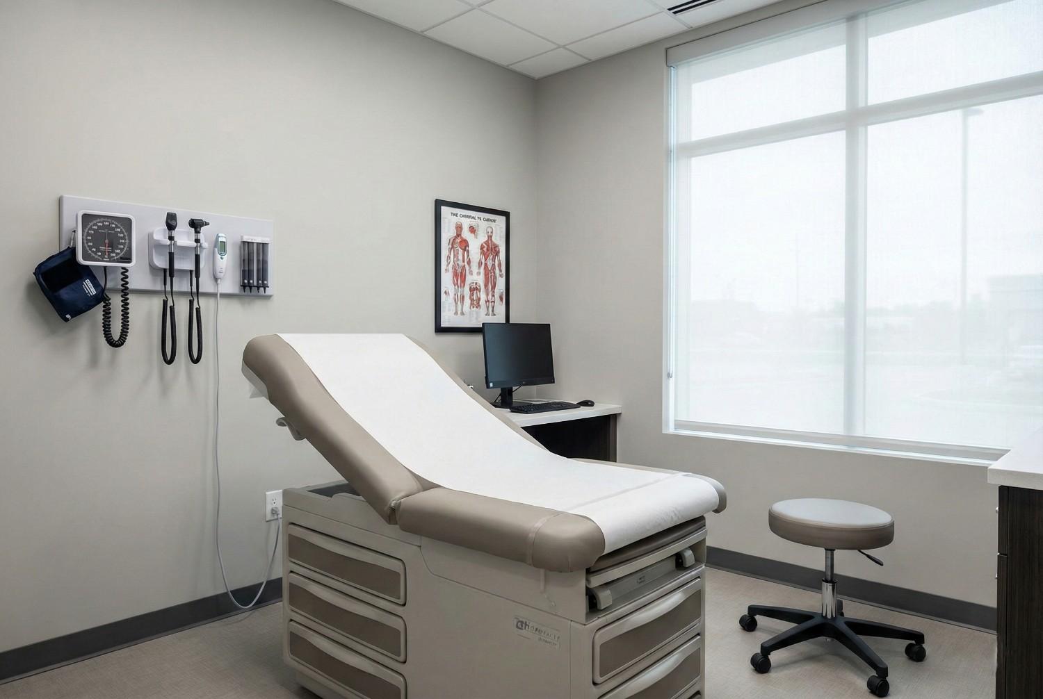 Clean examination room with modern medical equipment at Pasadena accident clinic