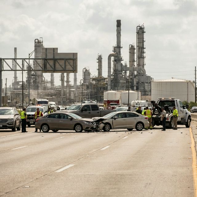 Car accident scene near industrial refinery in Deer Park Texas