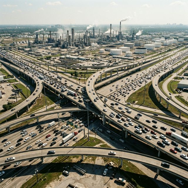 Aerial view of hazardous highway interchange in Pasadena industrial district