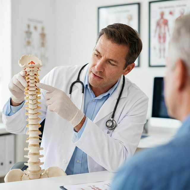 Doctor explaining neck injury on spine model