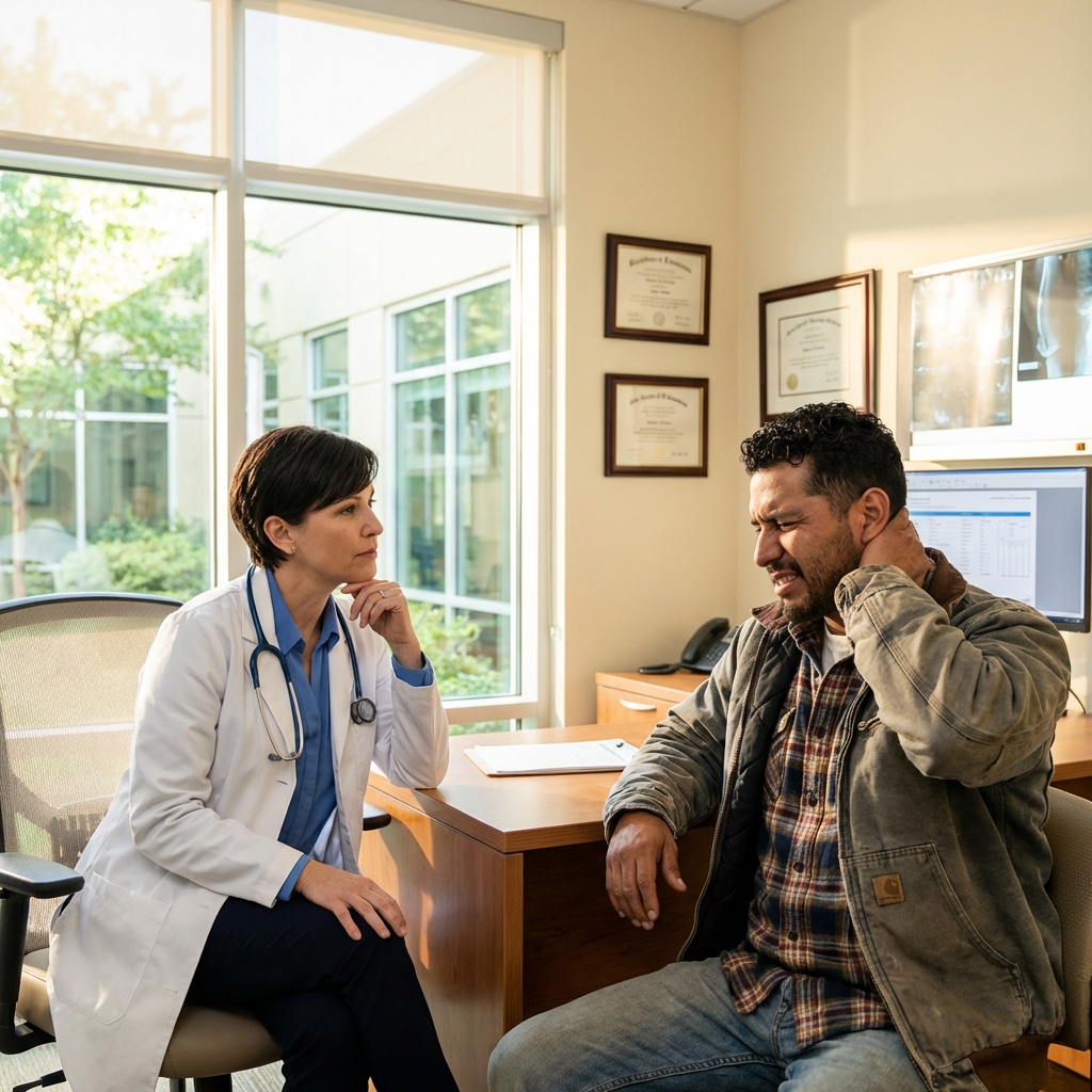 Doctor examining car accident injury patient in Pasadena, Texas clinic
