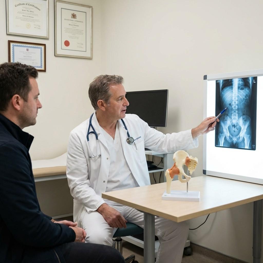 Doctor explaining spinal injury on X-ray